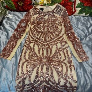 bebe Sequin Long Sleeve Dress - Rose Gold